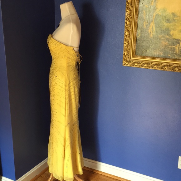 Vintage Y2K sparkly prom homecoming gown dress buttercup yellow beaded sequins - Picture 6 of 16